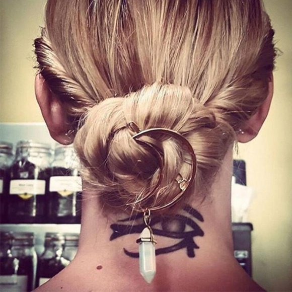 Gold Crescent Moon Hair Clip Natural Crystal Stone - Picture 3 of 5